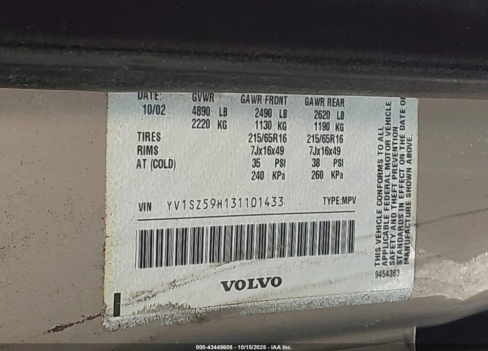 2003 VOLVO XC70 2.5T VIN: YV1SZ59H131101433
