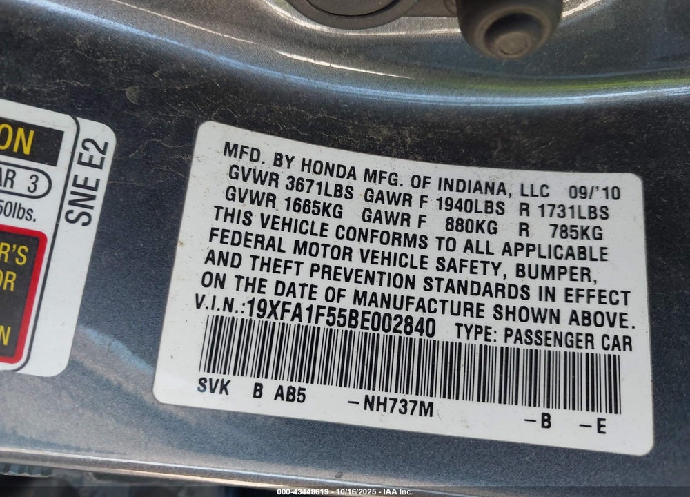 2011 HONDA CIVIC LX VIN: 19XFA1F55BE002840