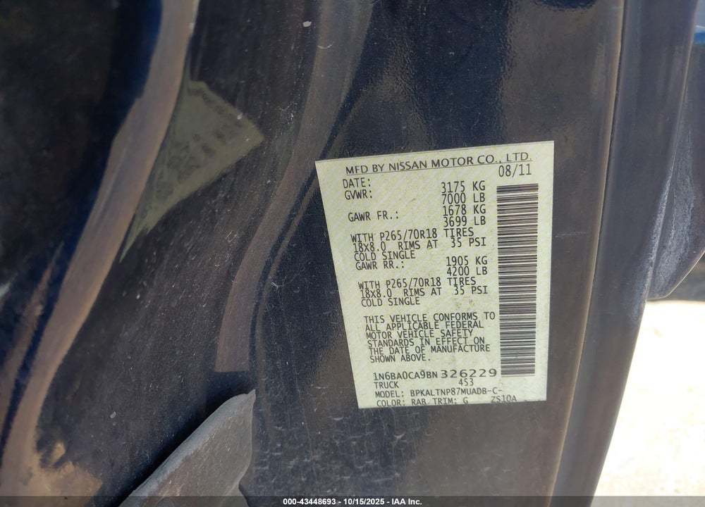 2011 NISSAN TITAN VIN: 1N6BA0CA9BN326229