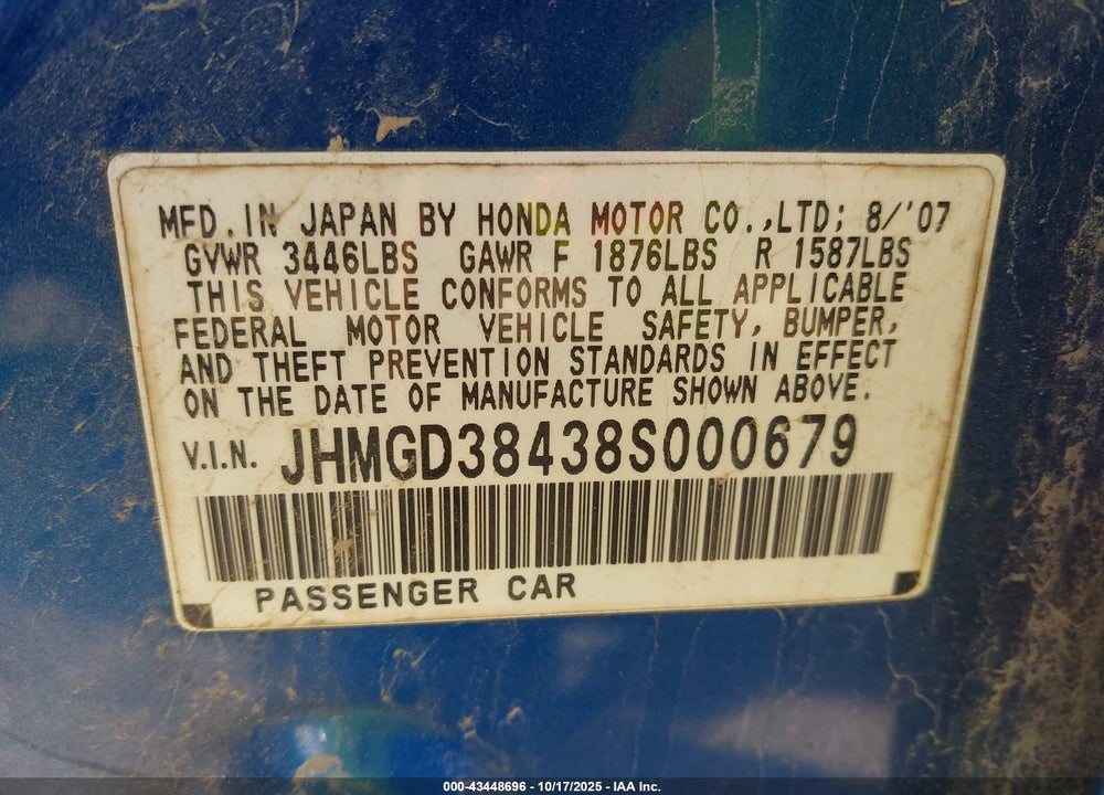 2008 HONDA FIT VIN: JHMGD38438S000679