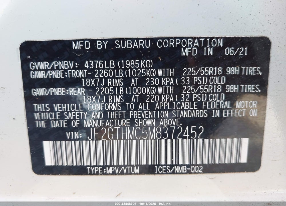 2021 SUBARU CROSSTREK VIN: JF2GTHMC5M8372452