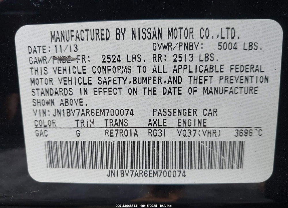2014 INFINITI Q50 VIN: JN1BV7AR6EM700074