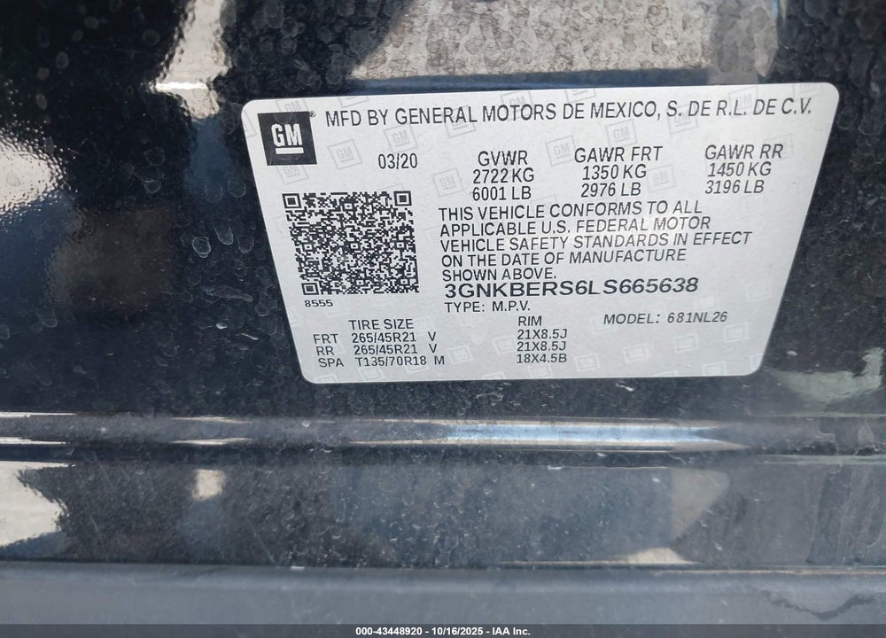2020 CHEVROLET BLAZER VIN: 3GNKBERS6LS665638