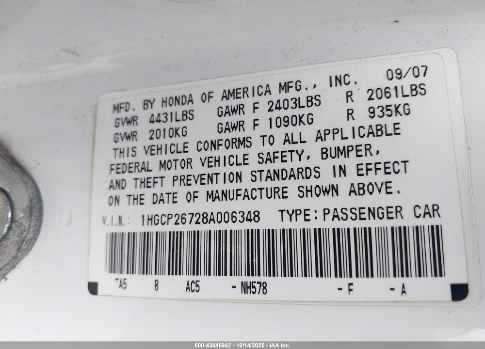 2008 HONDA ACCORD 2.4 EX VIN: 1HGCP26728A006348