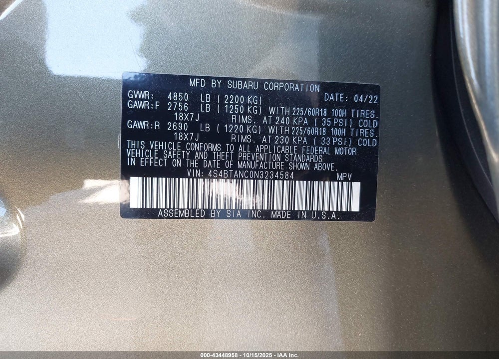 2022 SUBARU OUTBACK VIN: 4S4BTANC0N3234584