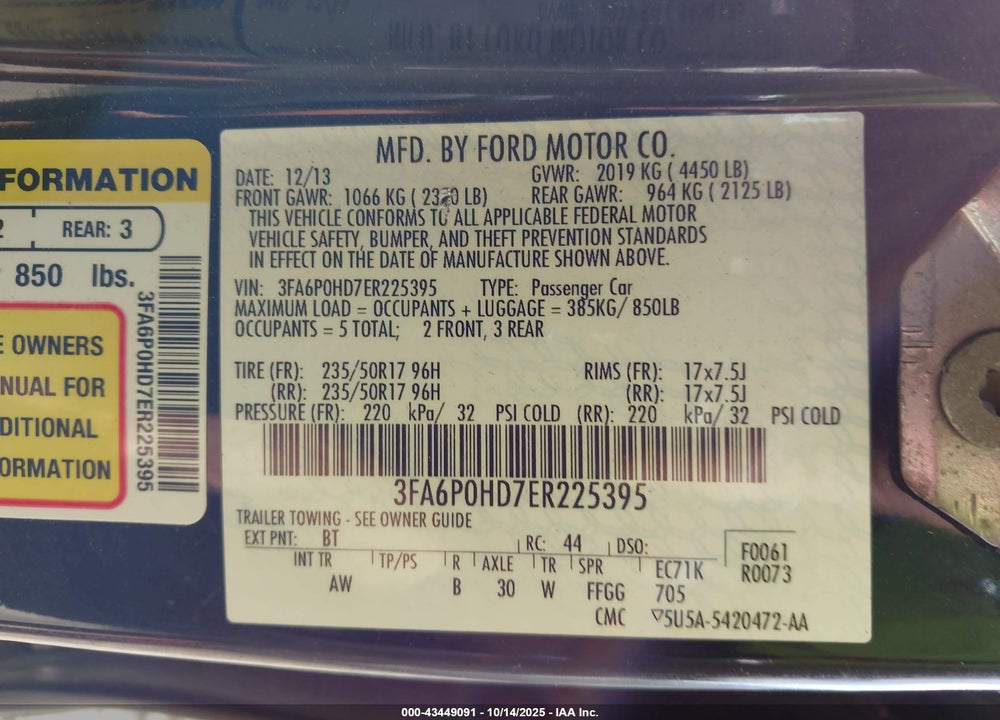 2014 FORD FUSION SE VIN: 3FA6P0HD7ER225395