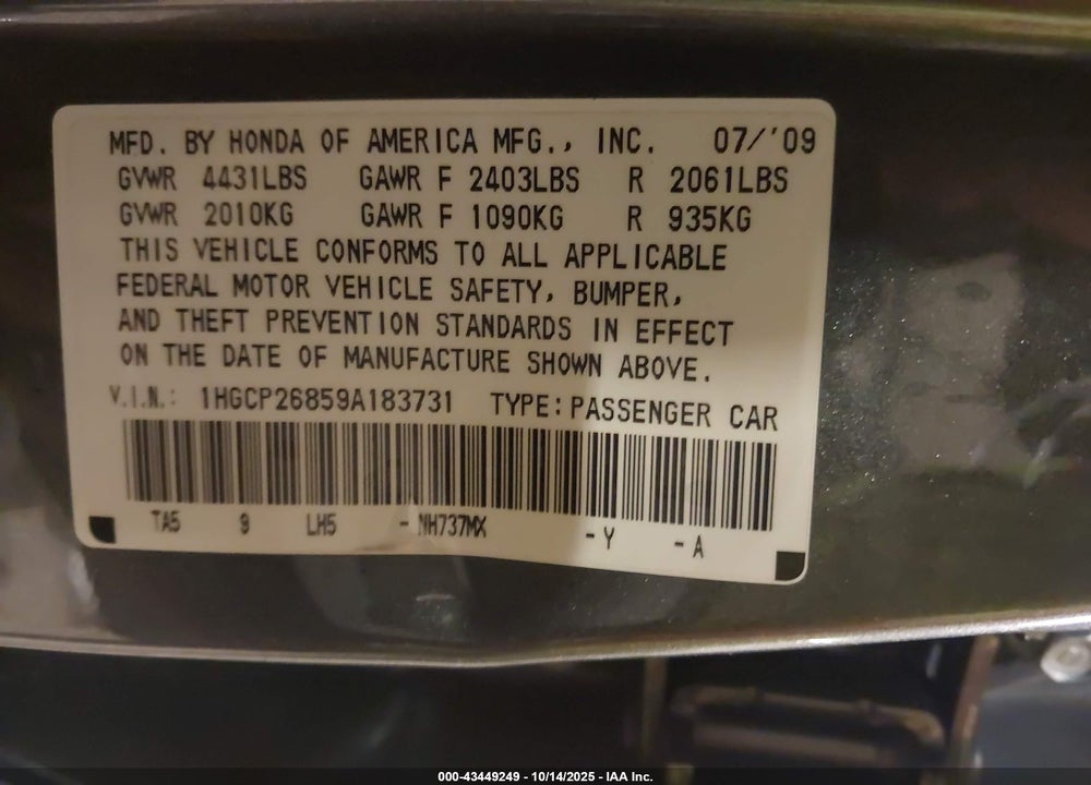 2009 HONDA ACCORD VIN: 1HGCP26859A183731