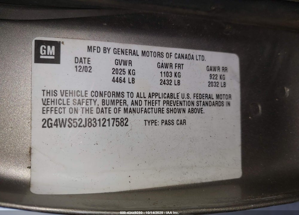 2003 BUICK CENTURY VIN: 2G4WS52J831217582