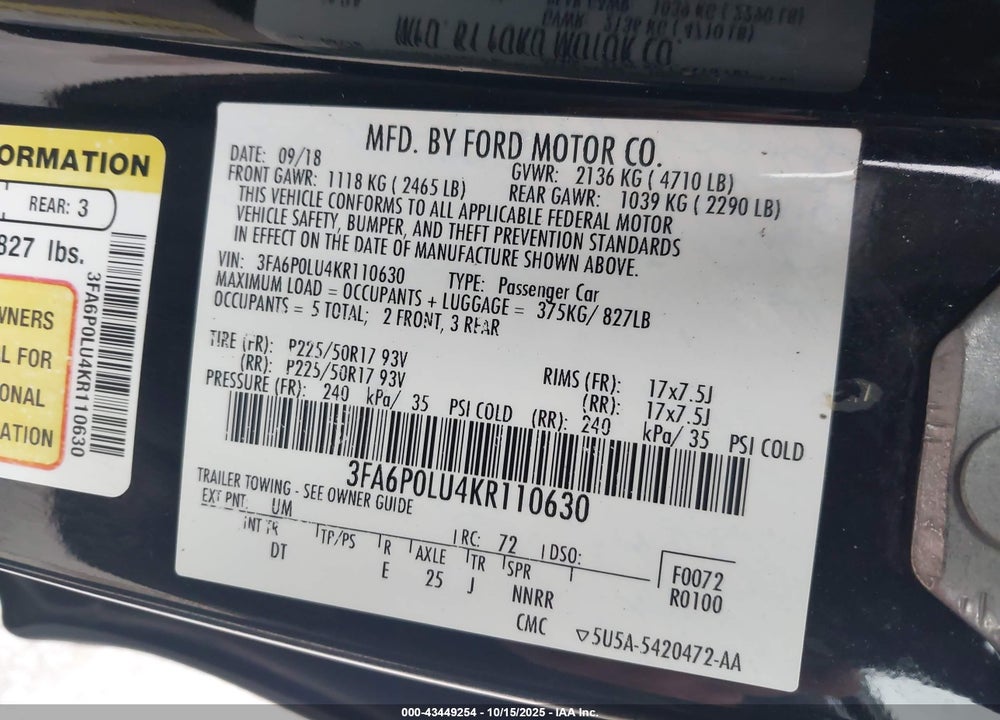 2019 FORD FUSION HYBRID SE VIN: 3FA6P0LU4KR110630