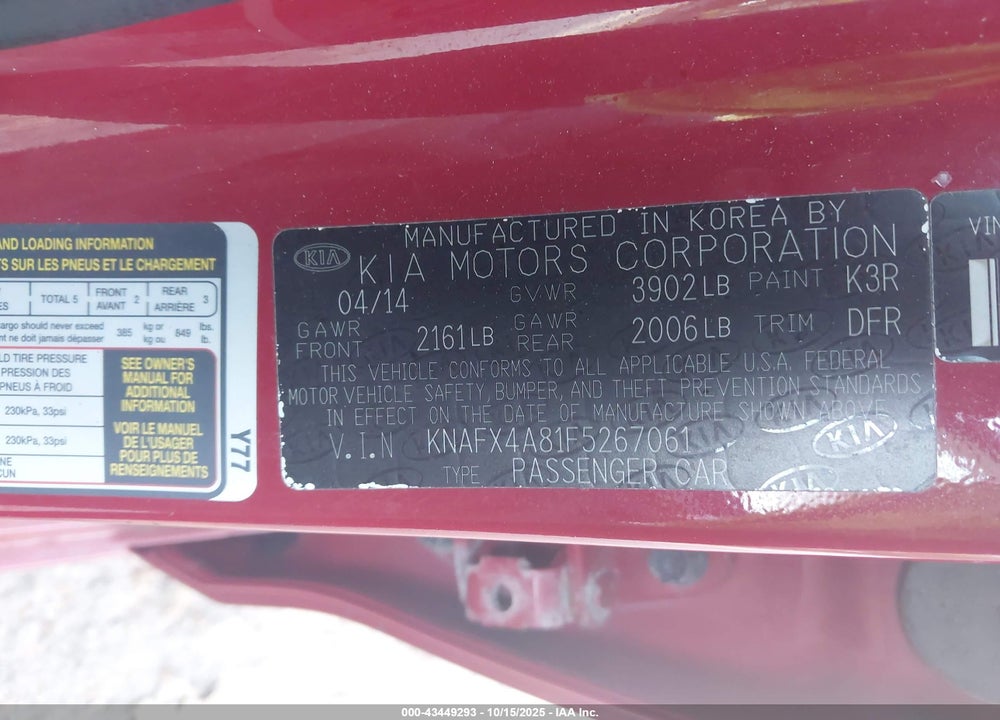 2015 KIA FORTE EX VIN: KNAFX4A81F5267061