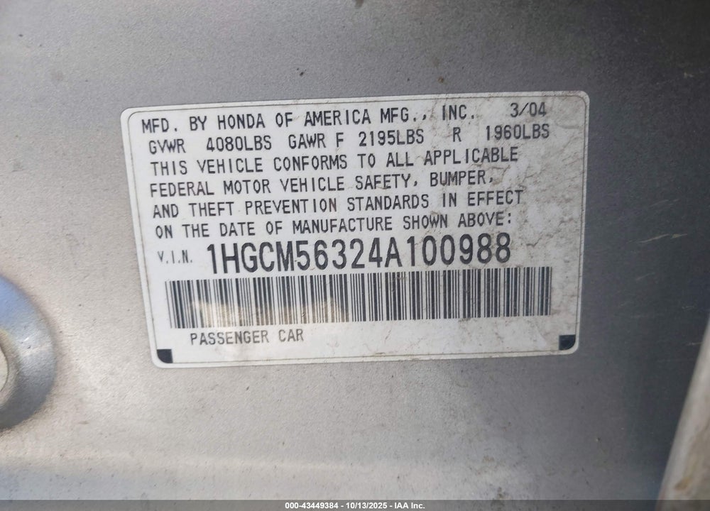 2004 HONDA ACCORD 2.4 LX VIN: 1HGCM56324A100988