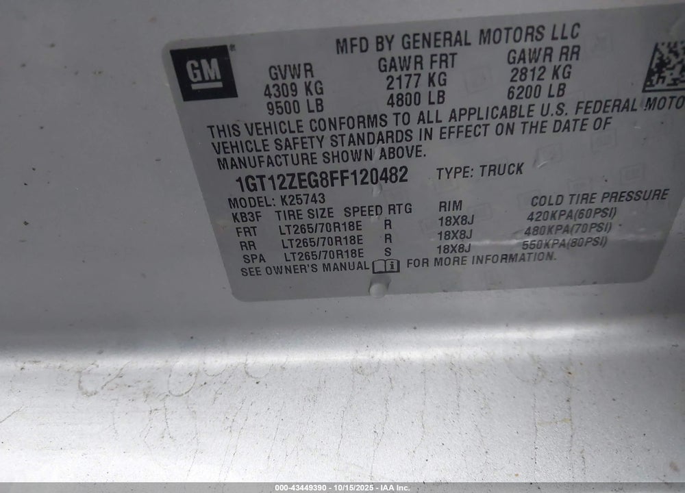 2015 GMC SIERRA VIN: 1GT12ZEG8FF120482