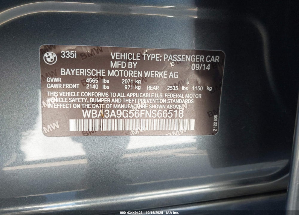 2015 BMW 3 SERIES VIN: WBA3A9G56FNS66518