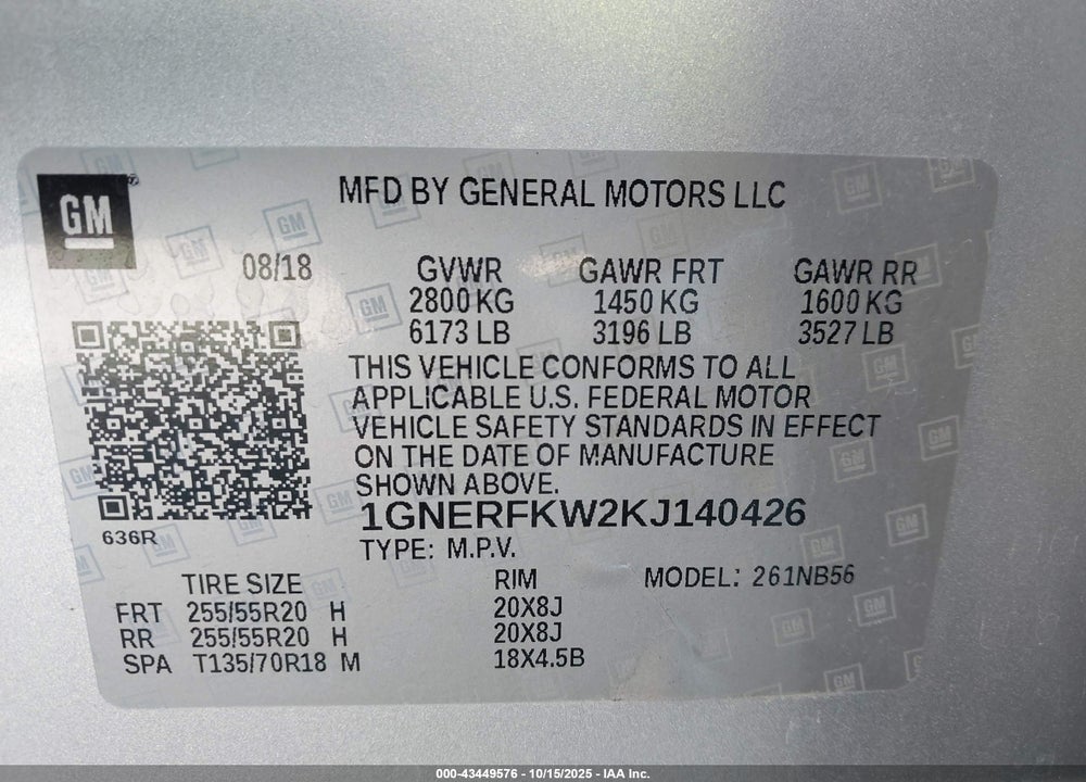 2019 CHEVROLET TRAVERSE VIN: 1GNERFKW2KJ140426