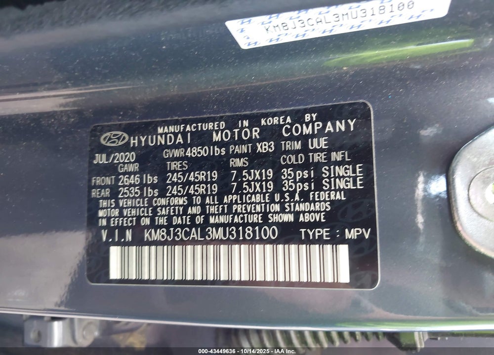 2021 HYUNDAI TUCSON VIN: KM8J3CAL3MU318100