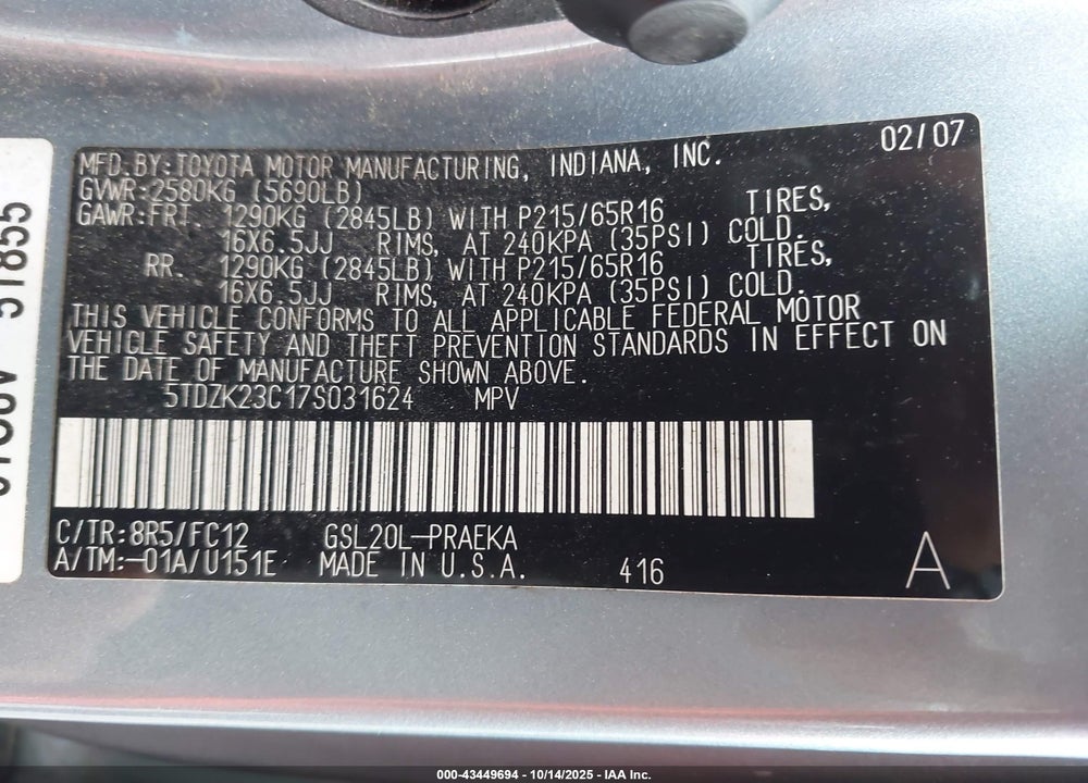 2007 TOYOTA SIENNA LE VIN: 5TDZK23C17S031624