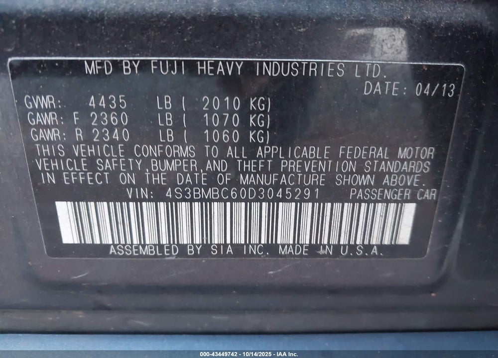 2013 SUBARU LEGACY VIN: 4S3BMBC60D3045291
