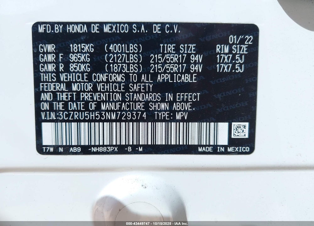 2022 HONDA HR-V 2WD EX VIN: 3CZRU5H53NM729374