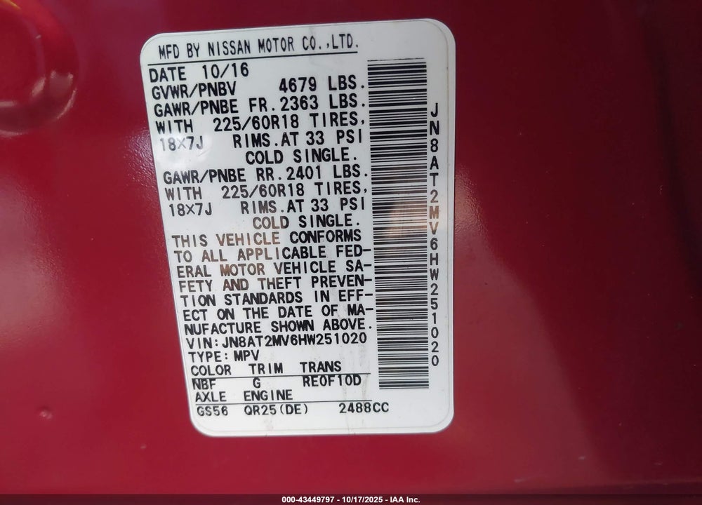 2017 NISSAN ROGUE VIN: JN8AT2MV6HW251020