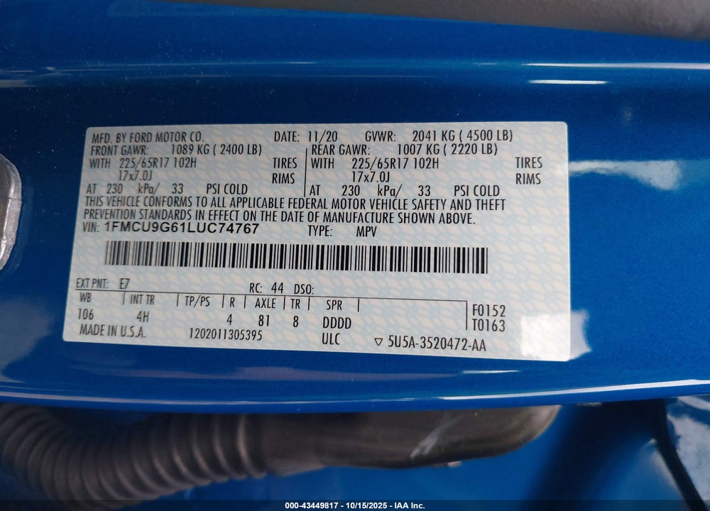 2020 FORD ESCAPE SE VIN: 1FMCU9G61LUC74767