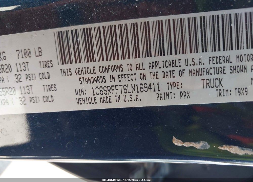 2020 RAM 1500 VIN: 1C6SRFFT6LN169411