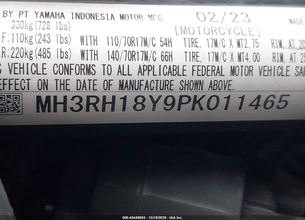 2023 YAMAHA YZFR3 A VIN: MH3RH18Y9PK011465