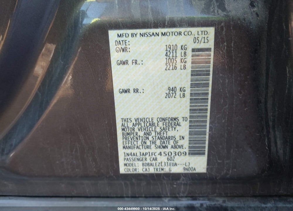 2015 NISSAN ALTIMA 2.5/2.5 S/2.5 SL/2.5 SV VIN: 1N4AL3AP1FC450309