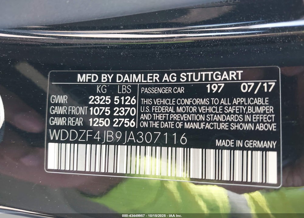 2018 MERCEDES-BENZ E 300 VIN: WDDZF4JB9JA307116