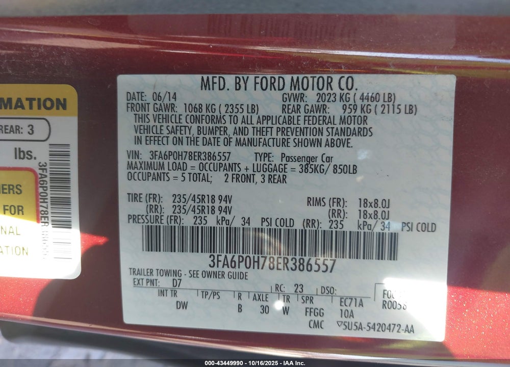 2014 FORD FUSION SE VIN: 3FA6P0H78ER386557