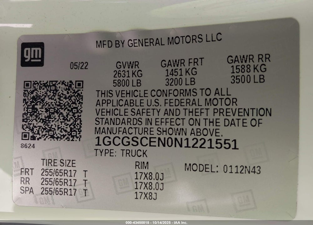 2022 CHEVROLET COLORADO VIN: 1GCGSCEN0N1221551