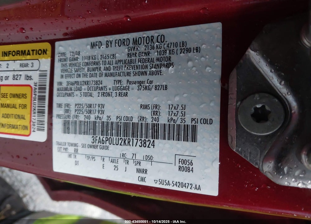2019 FORD FUSION HYBRID SE VIN: 3FA6P0LU2KR173824
