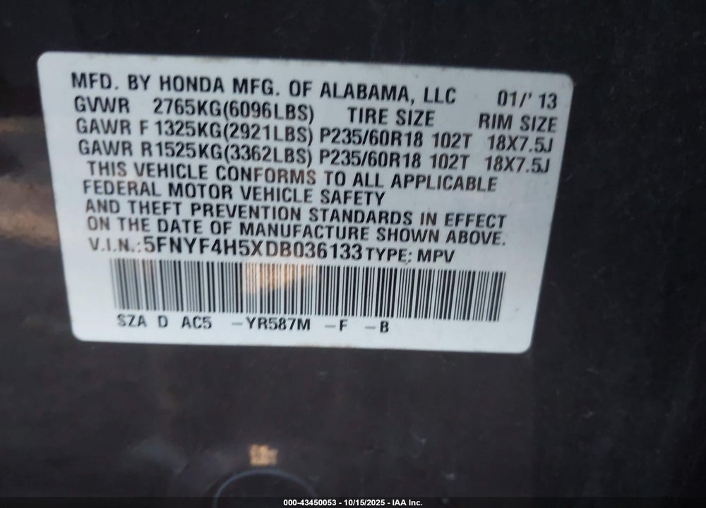 2013 HONDA PILOT EX-L VIN: 5FNYF4H5XDB036133