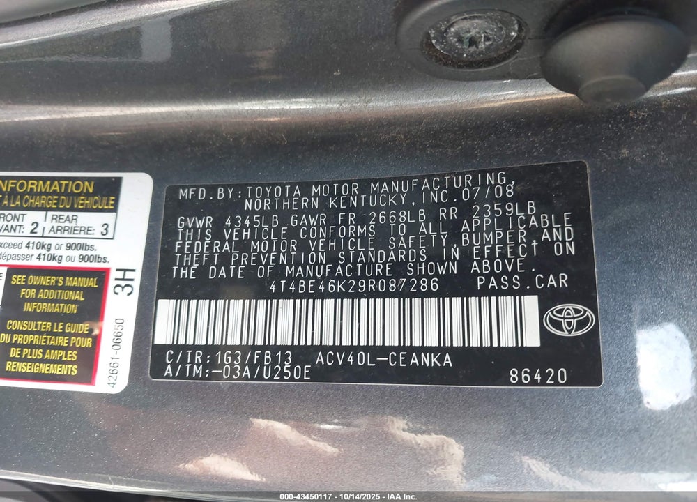 2009 TOYOTA CAMRY VIN: 4T4BE46K29R087286