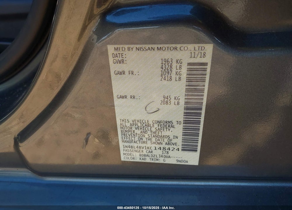 2019 NISSAN ALTIMA 2.5 S VIN: 1N4BL4BV1KC148424