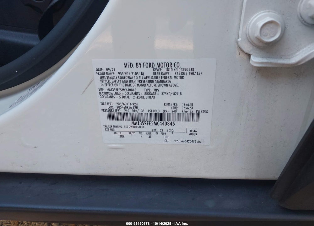 2021 FORD ECOSPORT S VIN: MAJ3S2FE5MC440845