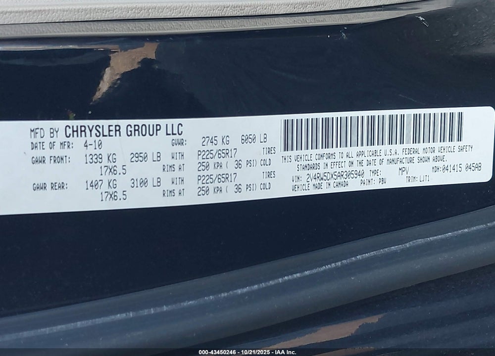 2010 VOLKSWAGEN ROUTAN VIN: 2V4RW5DX5AR305940