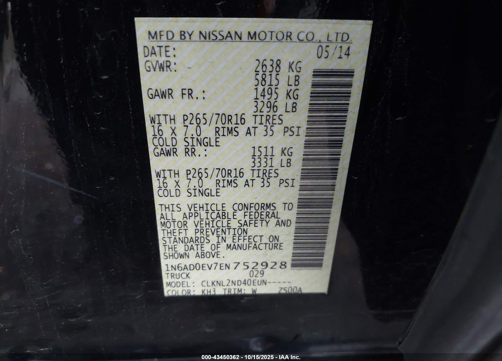 2014 NISSAN FRONTIER VIN: 1N6AD0EV7EN752928