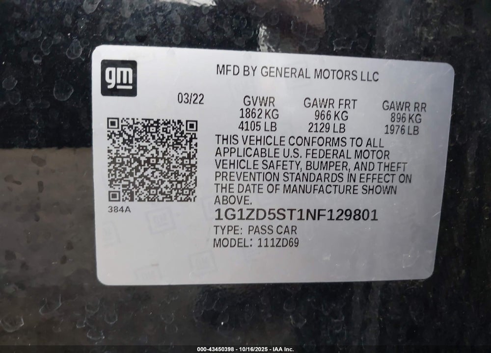 2022 CHEVROLET MALIBU LT VIN: 1G1ZD5ST1NF129801