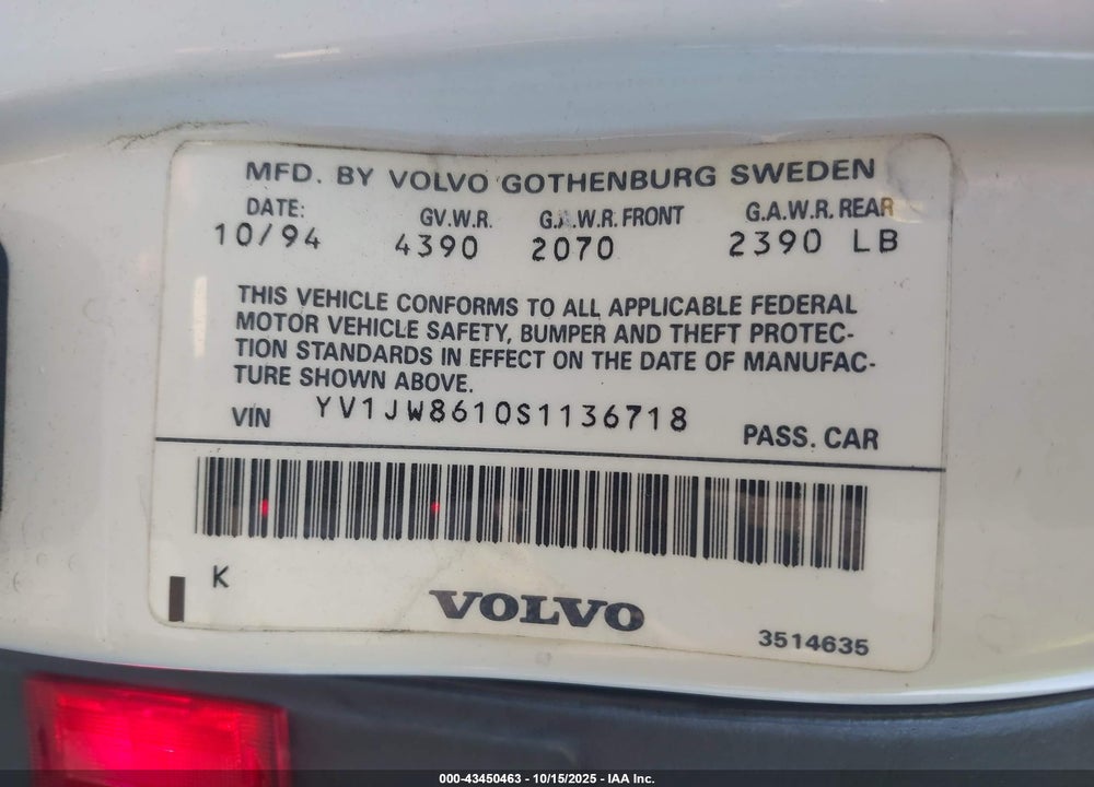 1995 VOLVO 940 VIN: YV1JW8610S1136718