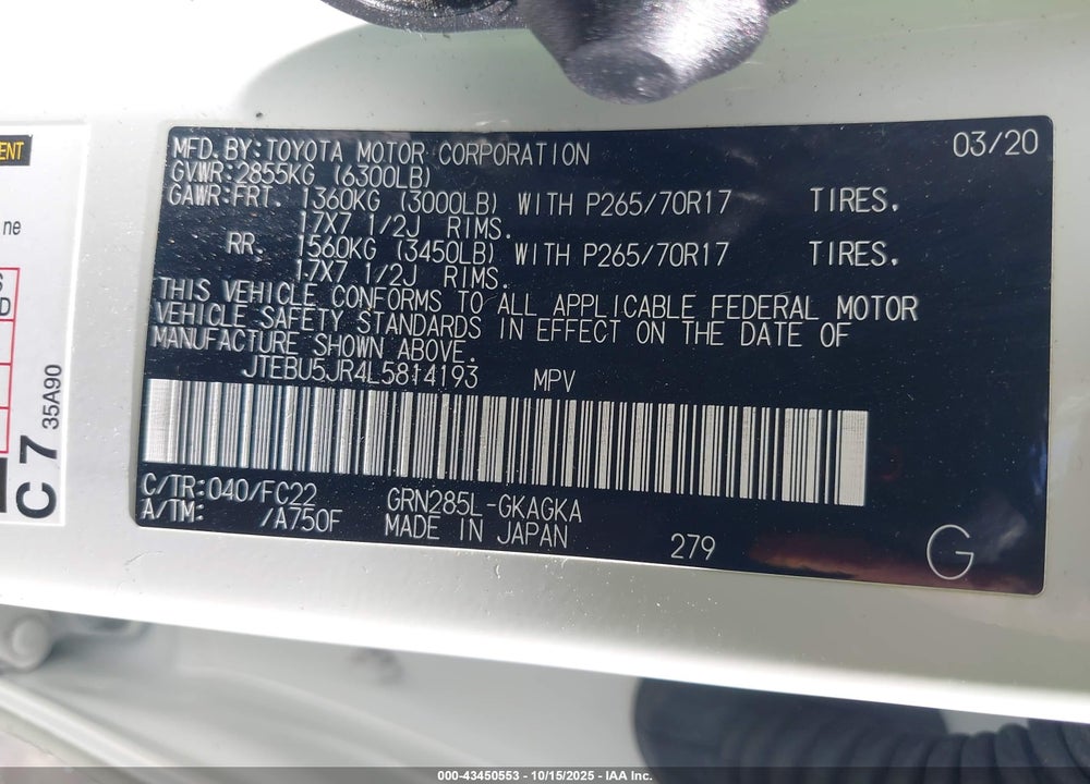 2020 TOYOTA 4RUNNER VIN: JTEBU5JR4L5814193