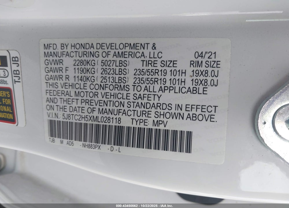 2021 ACURA RDX TECHNOLOGY PACKAGE VIN: 5J8TC2H5XML028118