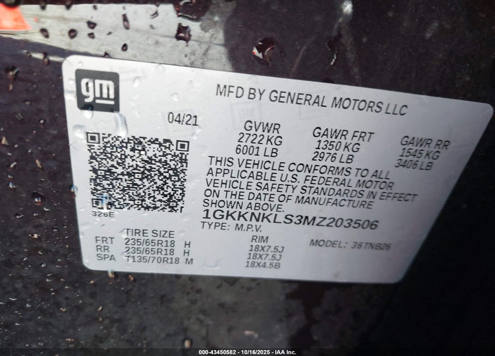 2021 GMC ACADIA VIN: 1GKKNKLS3MZ203506