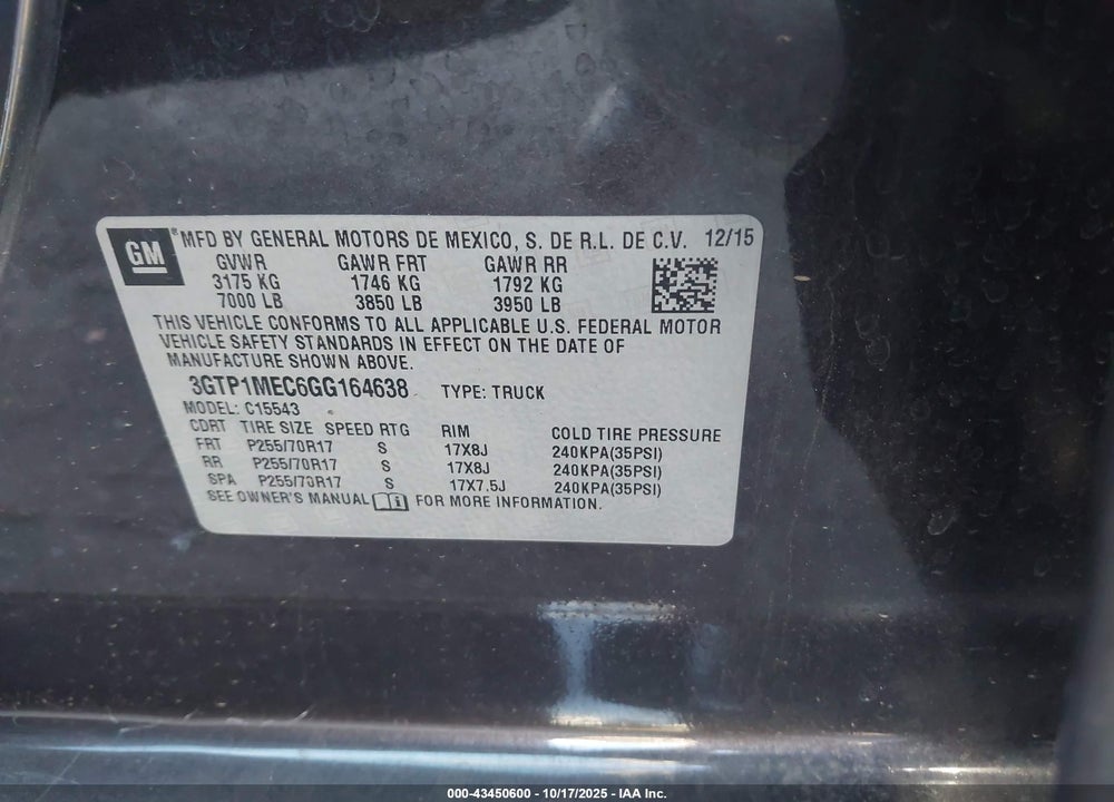 2016 GMC SIERRA 1500 VIN: 3GTP1MEC6GG164638