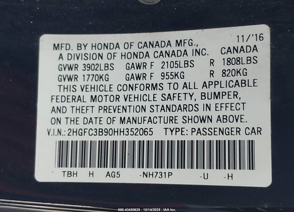 2017 HONDA CIVIC TOURING VIN: 2HGFC3B90HH352065