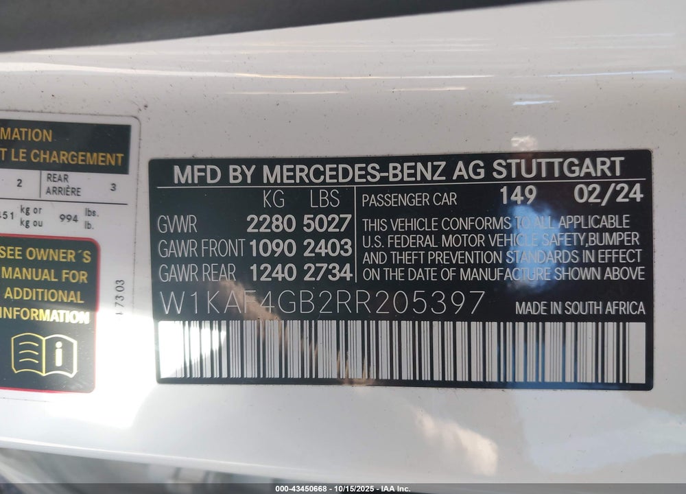 2024 MERCEDES-BENZ C 300 VIN: W1KAF4GB2RR205397