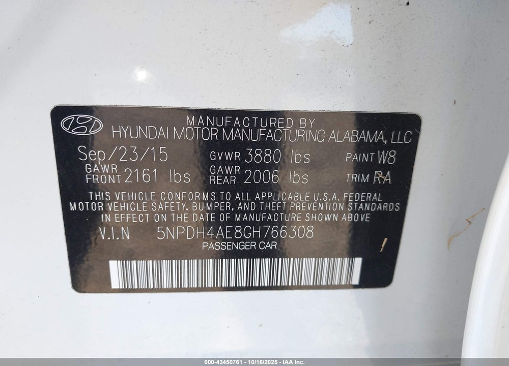2016 HYUNDAI ELANTRA SE VIN: 5NPDH4AE8GH766308