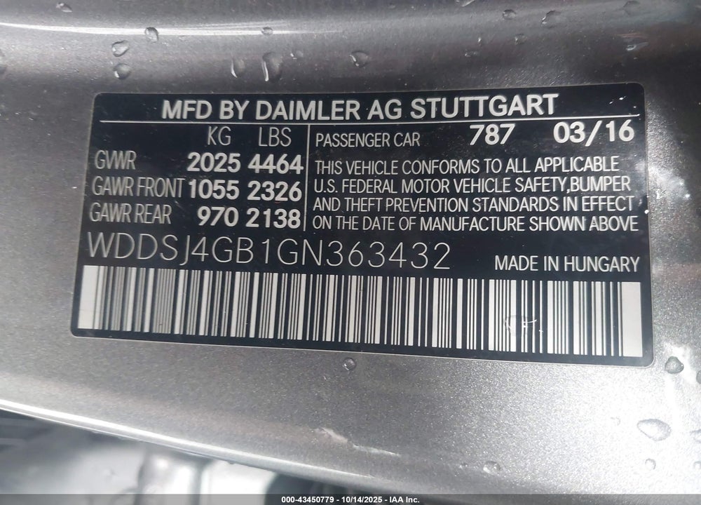 2016 MERCEDES-BENZ CLA-CLASS VIN: WDDSJ4GB1GN363432