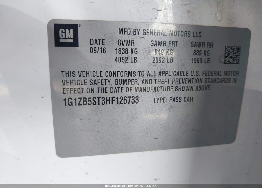2017 CHEVROLET MALIBU VIN: 1G1ZB5ST3HF126733