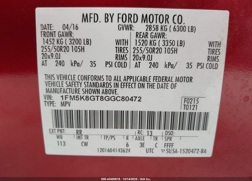 2016 FORD EXPLORER SPORT VIN: 1FM5K8GT8GGC80472