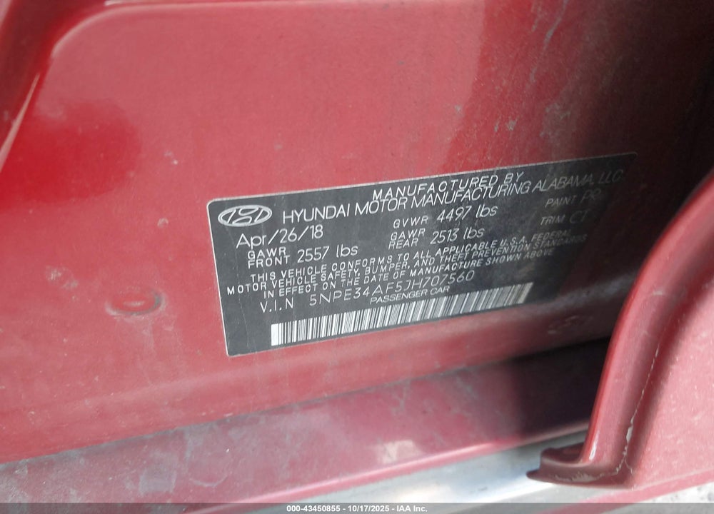 2018 HYUNDAI SONATA VIN: 5NPE34AF5JH707560